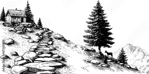 Autumn mountain slope with pine trees and rustic cabin - hand drawn illustration set for nature-themed design