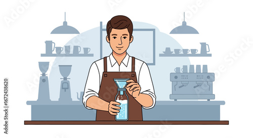 Barista Preparing Beverage Drinks Making Coffee Shop Cafe Art Graphic Illustration