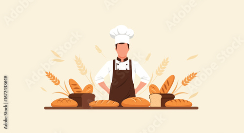 Bakery Scene: A Chef With Various Loaves Of Bread, A Profession Of Food Production