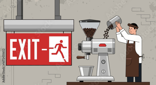 Barista Prepares Espresso, Exit Sign Signals Urgency Against Coffee Bean Preparation