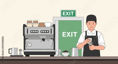 Barista Preparing Coffee By Espresso Machine Near Exit Sign Simple, Stylish Vector Illustration