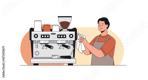 Barista Preparing Coffee Machine And Smiling, Readying The Equipment, Service Industry