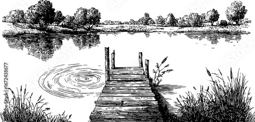 Tranquil autumn lake with wooden pier and reflective water in vintage engraved style