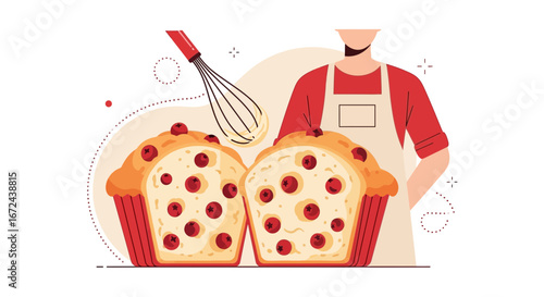 Bakery Scene Featuring Freshly Baked Muffins with Cranberries and Confectioner in Apron