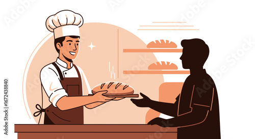 Bakery Shop Keeper Handing Loaf of Bread to Customer at the Counter