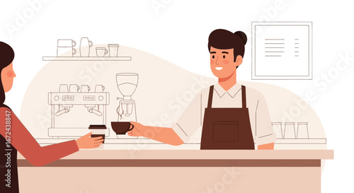 Barista Serving Coffee To A Customer In Cafe With Modern Vector Illustration