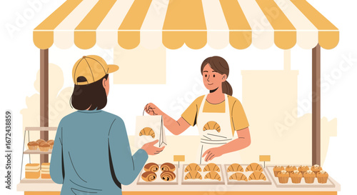 Bakery Scene Showing Interaction Between Customer and Kind Baker Selling Delicious Baked Goods