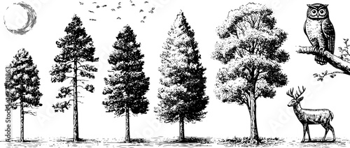 Autumn twilight forest collection featuring trees, owl, and deer silhouette for design purposes