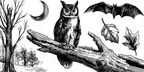 Autumn twilight forest owl and bat silhouette with leaves and trees for engraving design