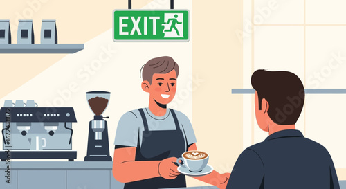 Barista Serving Coffee To Customer With Exit Sign Indicating Departure or Business End