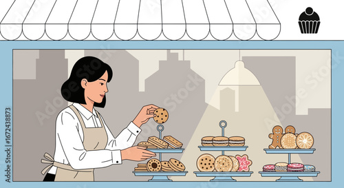 Bakery Shop Owner Arranging Treats and Desserts Inside Display Window for Sale