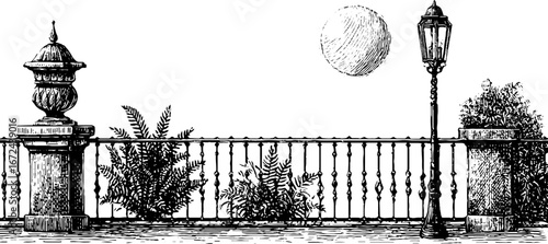 Vintage midnight balcony scene with iron railings and moonlight for classic design