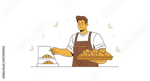 Bakery Worker Presenting Artisan Croissants Freshly Baked And Ready To Serve