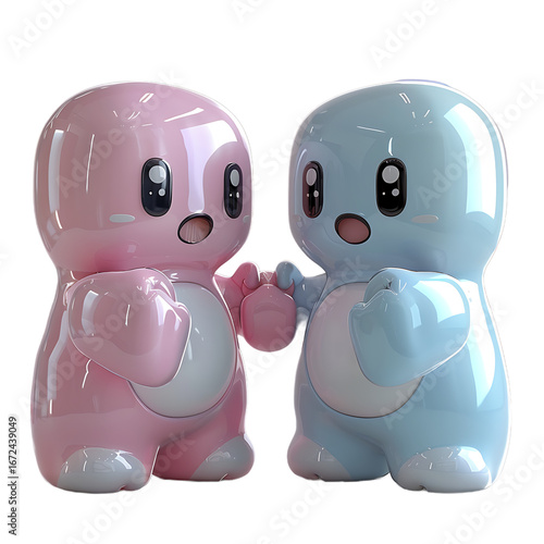 Cute Pink and Blue Cartoon Characters on White Background