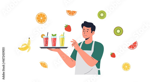 Bartender Offering Refreshments Freshly Made Beverages And Assorted Fruit Decor Elements