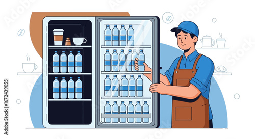 Bartender Opening Refrigerator Door With Bottled Water Ready To Serve To Clients
