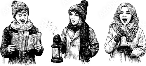 Vintage illustration set of carol singers with song book and winter accessories for holiday design