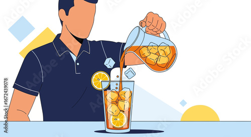 Bartender Pours Iced Beverage with Lemon and Ice into Glass, Freshly Prepared Cocktail