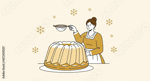 Baking Delight: Woman Dusting Cake With Powdered Sugar For Holiday Celebrations