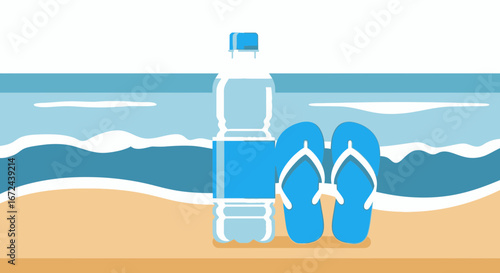 Beach Bliss Illustrative Depiction With Water Bottle And Blue Sandals On Sandy Shoreline