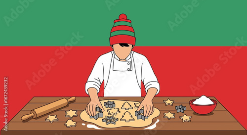 Baking Festive Holiday Cookies Amidst Christmas Colors And Cheerful Decorations