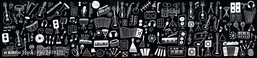 Hand-drawn chalkboard collage of musical instruments, featuring guitars, pianos, brass and woodwinds, keyboards, percussion, microphones, headphones and scattered notes in pattern