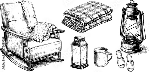 Cozy living room elements: wool blanket, rocking chair, lanterns, mug, and slippers for home comfort