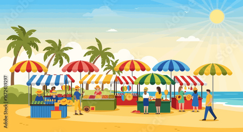 Beachside Marketplace Scene Showcasing Coastal Vibe Under Bright Sunlight for Tourism Designs