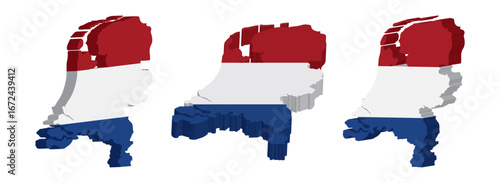 Vector art of three maps of the netherlands with dutch flag colors, isolated on white