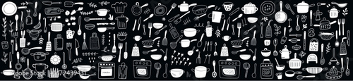 Monochrome montage of kitchenware silhouettes featuring pots, pans, knives, spoons, bowls, cups and bakeware forming a decorative pattern for culinary ambiance and modern design.