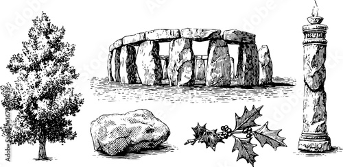Winter solstice druids illustration set: stone circle and nature elements for design