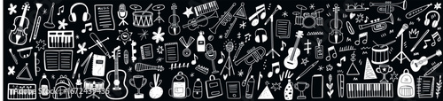 Chalkboard collage of musical instruments and gear, featuring guitars, pianos, drums, winds, microphones, headphones, notes, icons, and studio devices in a vibrant soundscape