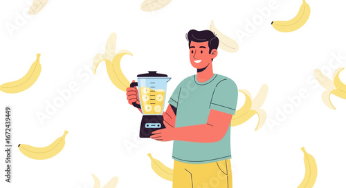 Banana Smoothie Preparation With A Young Man In A Trendy And Modern Illustration