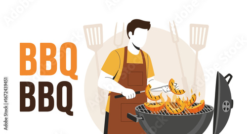 Barbecue Cook Prepares Grilled Food At Outdoor Cookout With Tools Illustration