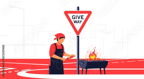 Barbecue Street Food Vendor Preparing Skewers Near 'Give Way' Road Sign Illustration