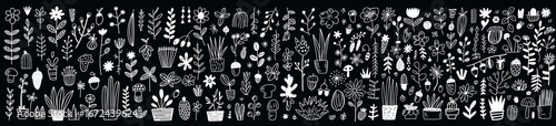 Intricate monochrome botanical border featuring a sprawling hand-drawn array of flowers, leaves, stems, pots, and herbs arranged along a dark background for refined design