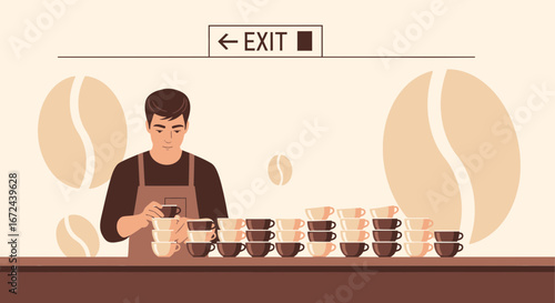 Barista Artfully Arranging Cups, Preparation for Coffee Service, Exit Indicated Above