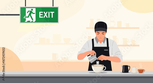 Barista Artfully Crafting Coffee with Exit Sign Suggesting Calm Retreat and Escape.