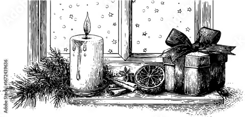 Festive window sill with candle and gift box for holiday decor inspiration