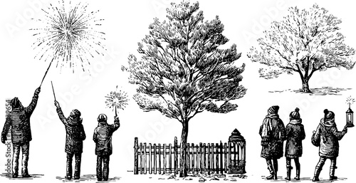 Winter night celebration with youth, fireworks, and snowy trees illustrations for festive design