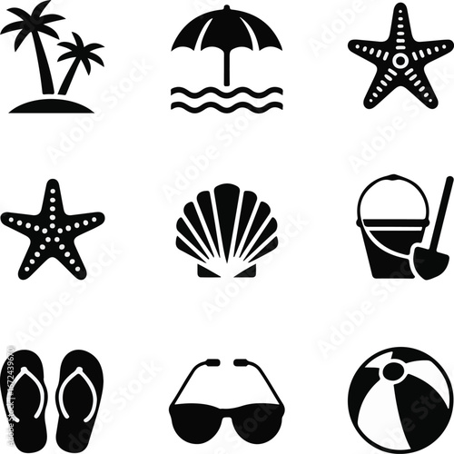 A 3×3 grid of black beach icons on white: palm trees, umbrella, starfish, seashell, bucket & shovel, flip-flops, sunglasses, and beach ball. Ideal for summer branding, embroidery, and digital use.