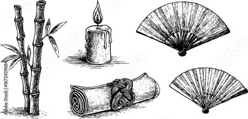 Fortune blessings set featuring bamboo, candle, fans, and scroll for asian-inspired design