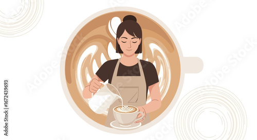 Barista Artistically Prepares Artisan Coffee, Crafting Exquisite Latte Designs