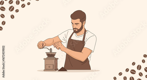 Barista Brewing Coffee With Manual Grinder In Artistic Illustration