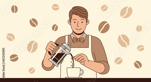 Barista Brewing French Coffee, Smiling, In Cafe, Coffee Beans Decoration, Illustration