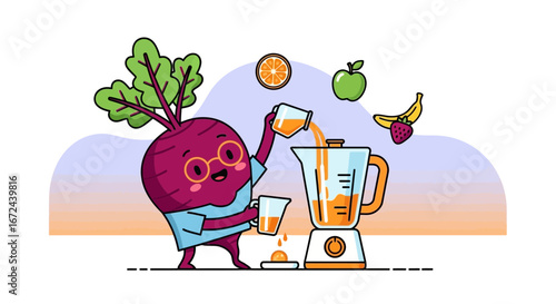 Beetroot Character Juicing Fresh Fruits in a Delightful And Playful Illustration