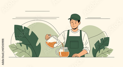 Barista Brewing Herbal Tea Illustration Featuring Greenery and Beverage Composition