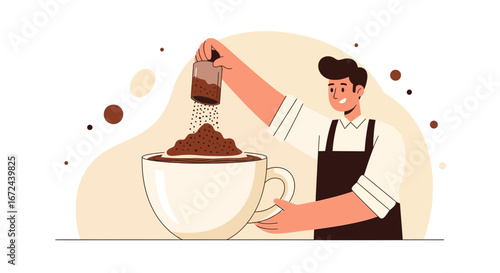 Barista Carefully Adding Coffee grounds to Huge Cup of Hot Coffee with Smiling Face