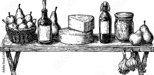 Rustic holiday pantry basket set with fruits and cheese for vintage kitchen decor