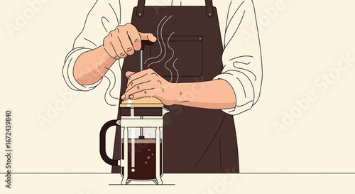 Barista Brewing Fresh Coffee Utilizing French Press Method For Aromatic Beverages